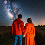 **A couple stargazing at night in the Dutch countryside, holding hands. One person is fiery (red and orange clothing), while the other is grounded (earthy tones). Emphasize the balance and differences between them.**