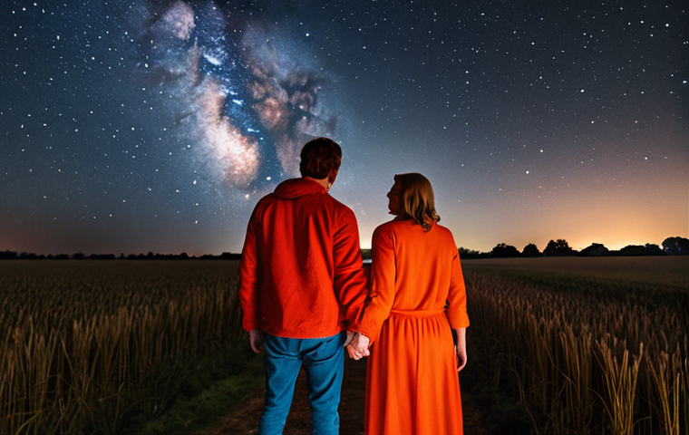 **A couple stargazing at night in the Dutch countryside, holding hands. One person is fiery (red and orange clothing), while the other is grounded (earthy tones). Emphasize the balance and differences between them.**