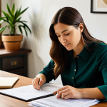 A professional individual in modest business casual attire, sitting calmly at a perfectly organized, comfortable wooden desk in a quiet, sunlit home office. They are meticulously reviewing documents with a focused expression, demonstrating patience and thoroughness. The room features warm, earthy tones, a comfortable chair, and a single green plant, creating a serene and grounded atmosphere. Professional photography, high quality, perfect anatomy, correct proportions, natural pose, well-formed hands, proper finger count, natural body proportions, safe for work, appropriate content, fully clothed, modest, family-friendly.