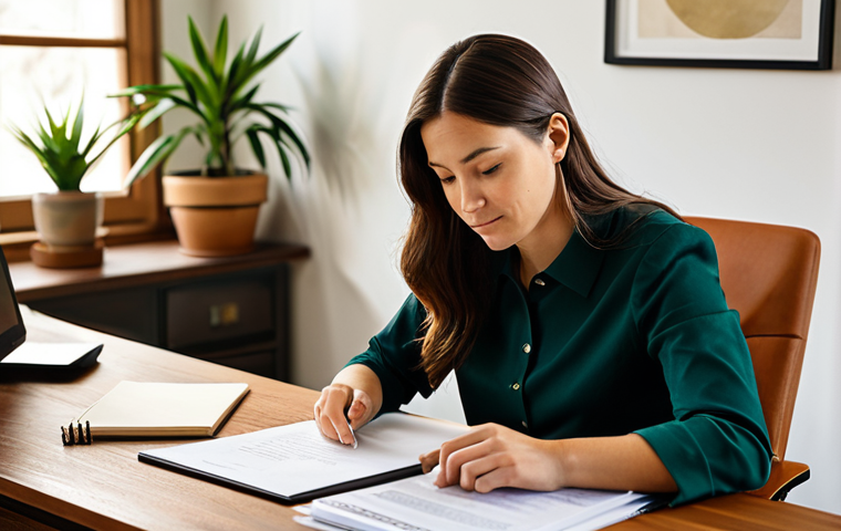 A professional individual in modest business casual attire, sitting calmly at a perfectly organized, comfortable wooden desk in a quiet, sunlit home office. They are meticulously reviewing documents with a focused expression, demonstrating patience and thoroughness. The room features warm, earthy tones, a comfortable chair, and a single green plant, creating a serene and grounded atmosphere. Professional photography, high quality, perfect anatomy, correct proportions, natural pose, well-formed hands, proper finger count, natural body proportions, safe for work, appropriate content, fully clothed, modest, family-friendly.