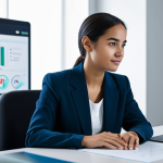 A diverse young professional woman in modest, smart casual attire, sitting at a sleek, minimalist desk. She is interacting with a holographic AI interface that displays personalized learning modules, her expression thoughtful and curious, representing intrinsic motivation and a growth mindset. The background is a clean, modern study space with subtle futuristic elements, bathed in soft, natural light. Professional photography, high resolution, soft focus on the background. fully clothed, appropriate attire, modest clothing, safe for work, appropriate content, professional, family-friendly, perfect anatomy, correct proportions, natural pose, well-formed hands, proper finger count, natural body proportions.